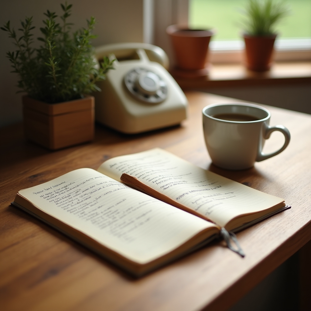 Scrivania con quaderno di ricette, tazza e telefono