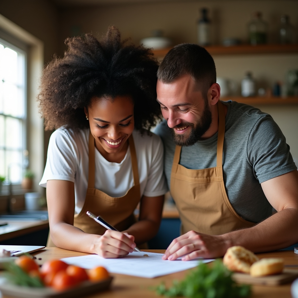 Persone che scrivono appunti su una ricetta in cucina