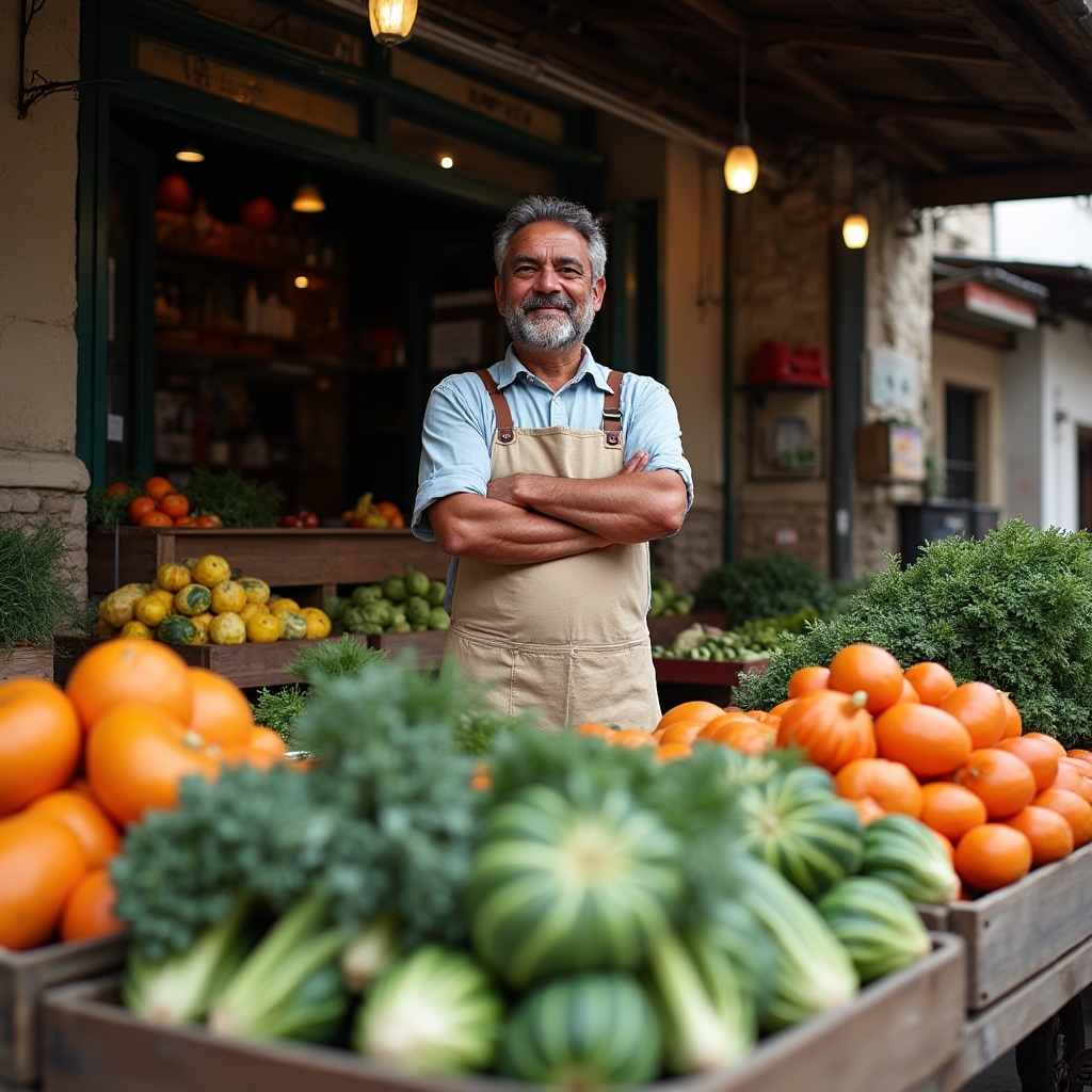 Banco di mercato con verdure e ortaggi di stagione disposti in ceste