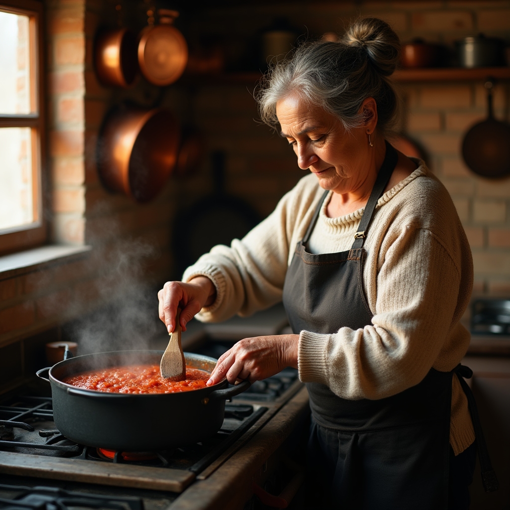 Donna anziana che prepara un piatto tradizionale in una cucina domestica illuminata