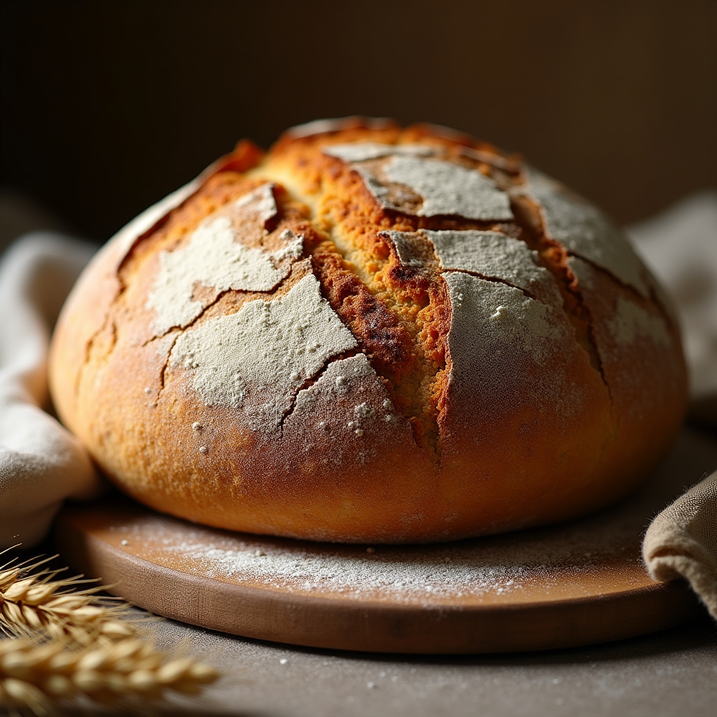 Pagnotta di pane casereccio appena sfornata su un tagliere