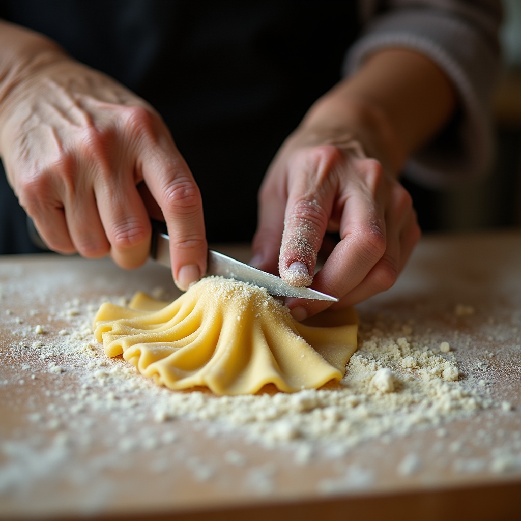 Mani che lavorano l'impasto per le orecchiette pugliesi su spianatoia di legno