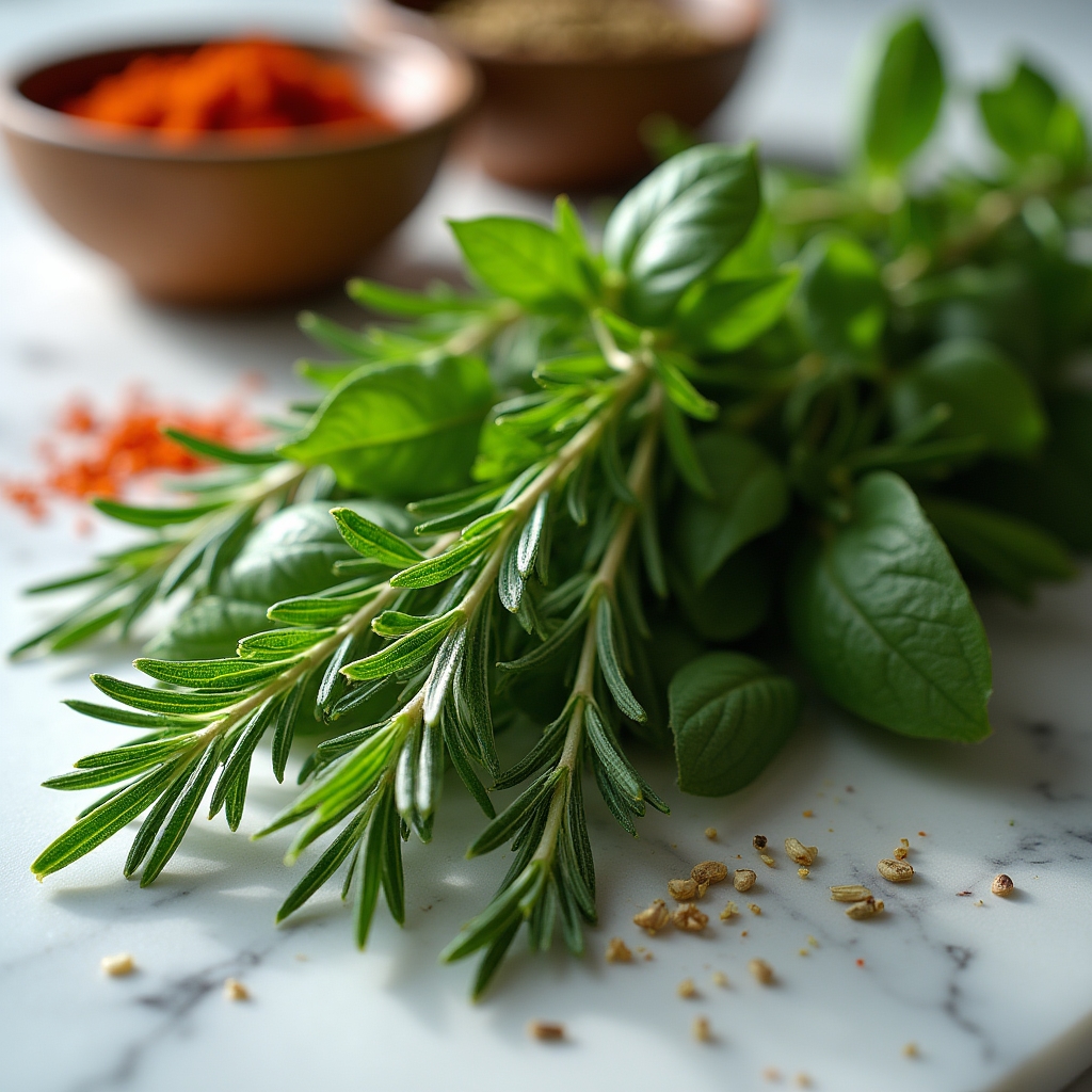 Erbe aromatiche e spezie disposte su un piano da cucina
